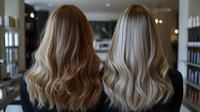 Comparison of blonde balayage hair colors showing warm honey and cool ash tones on two women from behind in modern salon setting.