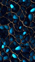 Abstract network of glowing blue cells with golden connections on dark background creates organic pattern for technology and science designs.