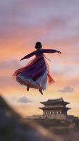 Woman in flowing dress floating above traditional architecture at sunset with dramatic sky and warm colors for fantasy storytelling concepts.