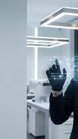 Businessman touching futuristic holographic interface in modern office with LED lighting for technology and innovation concepts.