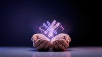Hands presenting glowing purple cross symbol with neon light effect against dark background for spiritual and religious concepts.