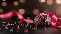 Gourmet chocolate truffle with white drizzle and pink sprinkles alongside elegant red satin ribbon against dark background with festive bokeh lights.