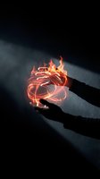 Silhouetted hand holding glowing heart with flames and energy light effects against dark background for healthcare, passion, and emotion concepts.