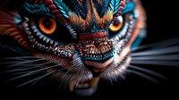 Mystical feline creature with glowing orange eyes and ornate turquoise and copper feathered details against dark background, fantasy art style composition.