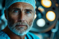 Senior male surgeon with blue eyes and gray beard wearing surgical cap in operating room with blurred medical lights background for healthcare concepts.