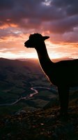 Llama silhouette standing on mountain ridge at dramatic sunset with golden and purple sky, valley landscape below, wildlife and nature photography.
