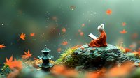 Young Asian woman in traditional red robe meditating peacefully on mossy rock surrounded by floating autumn maple leaves in serene forest setting.