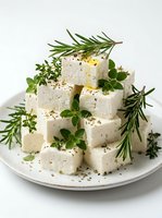 Fresh feta cheese cubes with herbs on white plate. Greek cuisine ingredient with rosemary, thyme and oregano garnish for Mediterranean cooking and salads.