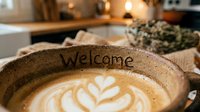 Latte art coffee cup with Welcome inscription in cozy cafe interior, warm bokeh background, hospitality and morning concept.