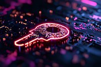 Glowing neon key symbol on circuit board with pink and blue lighting effects creates futuristic cybersecurity concept. Digital data protection background.