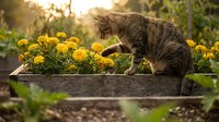 Tabby cat exploring yellow marigold flowers in wooden garden planter during golden hour sunset light creating warm outdoor gardening scene.