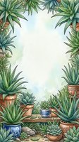Watercolor succulent plants and cacti in terracotta pots creating decorative border frame with copy space for text and design projects.