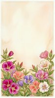 Watercolor floral border with pink, purple, and peach blooms on warm beige background, copy space for greeting cards and invitations.