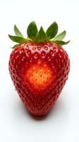 Fresh ripe strawberry with green leafy crown isolated on white background. Vibrant red fruit with characteristic seeds, suitable for food, nutrition, and healthy eating designs.