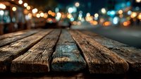 Rustic wooden table surface with blurred city street lights bokeh background for product display and commercial presentations.