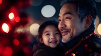 Asian father and daughter sharing joyful moment during holiday season with festive red bokeh lights and decorations creating warm atmospheric background.