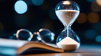 Hourglass with flowing sand on open book against blurred lights background, symbolizing time management, knowledge and academic deadlines. Dramatic lighting.