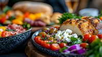 Grilled chicken breast with fresh salad, cherry tomatoes and herbs served in decorative black bowl on wooden board, Mediterranean cuisine style.