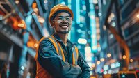 Asian male construction worker in safety helmet and reflective vest smiling confidently against urban night background with bokeh lights and modern architecture.