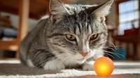 Adorable gray tabby kitten with white markings playing with orange ball toy on carpet in cozy home interior setting for pet care and feline companionship concepts.