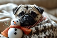 Adorable pug dog wrapped in cozy knit blanket holding small snowman toy during winter holiday season. Cute pet comfort and festive Christmas spirit concept.