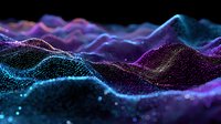Abstract digital landscape with glowing particle waves in purple and blue tones against black background, creating futuristic terrain visualization for technology concepts.