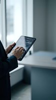 Businessman analyzing financial dashboard on tablet in modern office, reviewing data charts and business analytics for corporate decision-making.