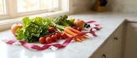 Assorted fresh vegetables including lettuce, tomatoes, carrots, and radishes arranged on pink checkered cloth in bright kitchen with natural window light.