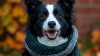 Cheerful Border Collie dog wearing cozy green knitted scarf smiling at camera. Autumn orange background creates warm seasonal mood. Pet portrait captures joyful expression.