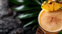 Tropical pineapple smoothie with foam and garnish on dark background with green leaves. Healthy breakfast drink with exotic fruit decoration.
