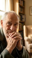 Thoughtful senior Caucasian man with clasped hands in cozy home library setting, warm natural lighting creating peaceful contemplative atmosphere.