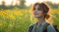 Young Caucasian woman with messy bun hairstyle smiling in sunflower field during golden hour sunset, wearing denim overalls, natural beauty portrait with soft bokeh background.
