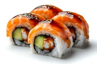 Fresh salmon sushi rolls with cucumber, rice, and nori, topped with raw fish slices and drizzled with teriyaki sauce on white background, macro food photography.