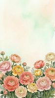 Watercolor ranunculus flowers border in soft pink, peach and yellow tones on a light background with copy space for text or design.