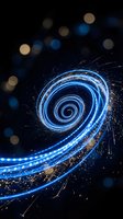 Glowing spiral vortex with blue and gold light trails swirling against dark background with bokeh particles, suitable for technology and digital design projects.