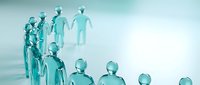 Translucent glass human figures in turquoise blue arranged in group formation on gradient background for business teamwork and leadership concepts.