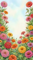 Watercolor zinnia garden frame with vibrant pink, orange, yellow and red blooms surrounding a soft sky background with copy space.