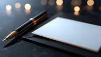 Elegant fountain pen resting beside blank white paper on dark reflective surface with soft golden bokeh lights creating atmospheric business mood.