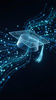 Digital graduation cap with circuit patterns surrounded by flowing data streams and glowing particles on dark background for education technology concepts.