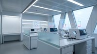 Modern futuristic laboratory interior with white equipment and LED lighting for medical research and scientific innovation in healthcare technology.