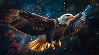 Majestic bald eagle soaring with spread wings against dark starry sky background, dramatic lighting highlights feathers and powerful stance in flight period.