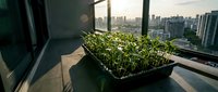 Young seedlings growing in black trays on a high-rise balcony overlooking urban cityscape, sustainable urban gardening and green living concept for environmental awareness campaigns.