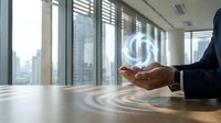 Young male professional in business attire holding glowing artificial intelligence symbol above desk with city skyline visible through office windows, representing technology innovation and digital transformation.