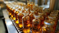 Rows of amber glass medicine bottles filled with golden liquid on production line, illuminated by warm backlighting creating rich translucent glow through glass containers.