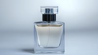 Elegant glass perfume bottle with transparent liquid and black cap on soft gray background, minimalist luxury fragrance container for cosmetic product photography.