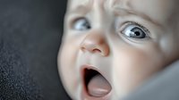 Close up portrait of surprised baby with wide open mouth and bright blue eyes against dark background, showing genuine emotion and innocent expression.