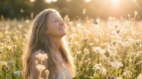 Young woman with long hair enjoying golden hour sunlight in wildflower meadow with warm bokeh background for wellness and nature lifestyle content.