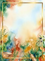 Watercolor cooking frame with culinary tools, fresh herbs, and warm autumn colors blending into soft sky background. Isolated design ready for recipe cards, menus, kitchen decor, and cooking-related projects.