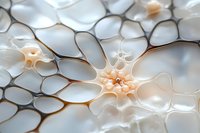 Microscopic view of nerve cells and neurons in soft peach and white tones showing neural network connections and synaptic activity in brain tissue structure.