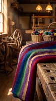 Cozy rustic interior with colorful striped knitted blanket, spinning wheel, yarn baskets and warm lighting creating traditional crafting atmosphere.